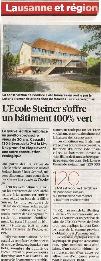 Article consacré à l'École Steiner à Crissier